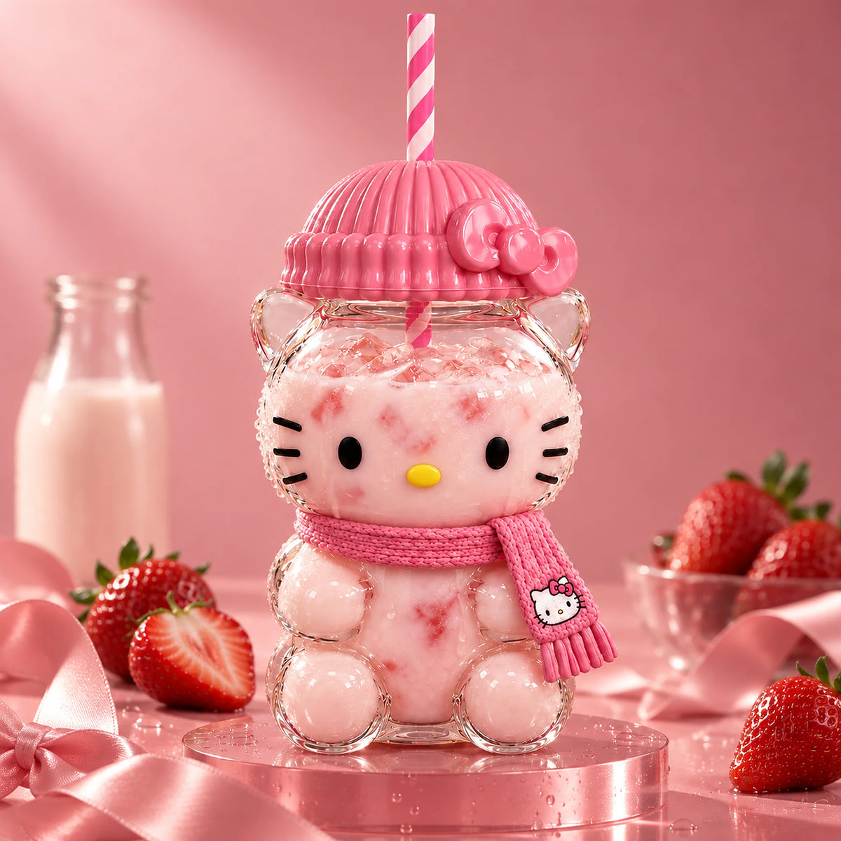 Kitty Glass Cup 20oz with strawberry milk