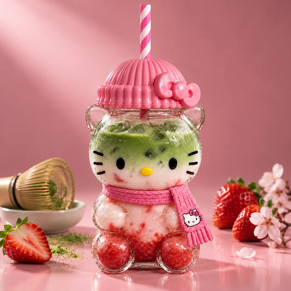 Kitty Glass Cup 20oz with strawberry matcha